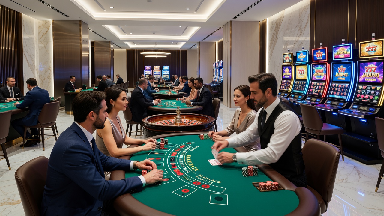 Modern digital casino interface displaying slot machines and live dealer tables on multiple screens