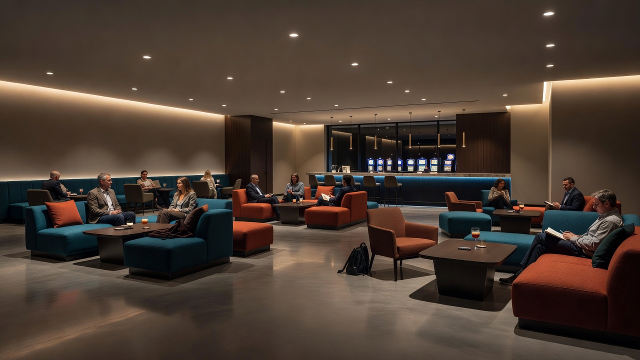 Close view of adjustable LED strips and pendant lights highlighting lounge tables and relaxed seating in a casino environment