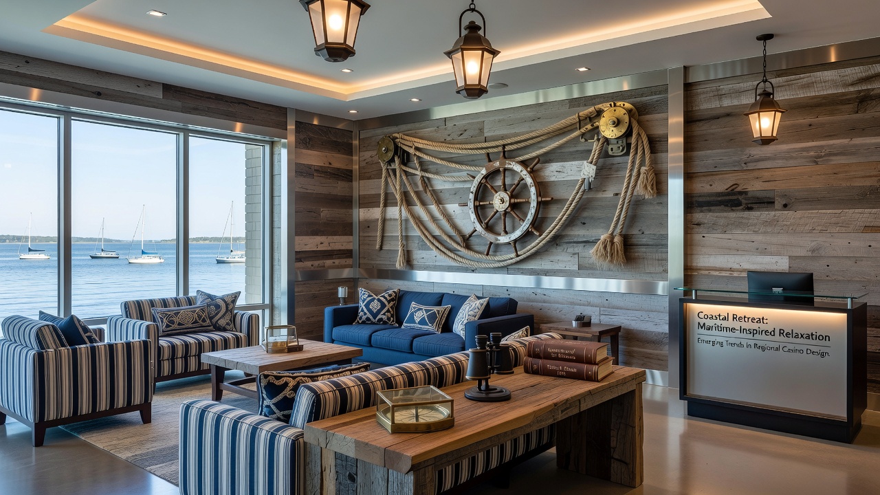 Close-up of weathered wood tables and brass nautical hardware in a casino relaxation lounge