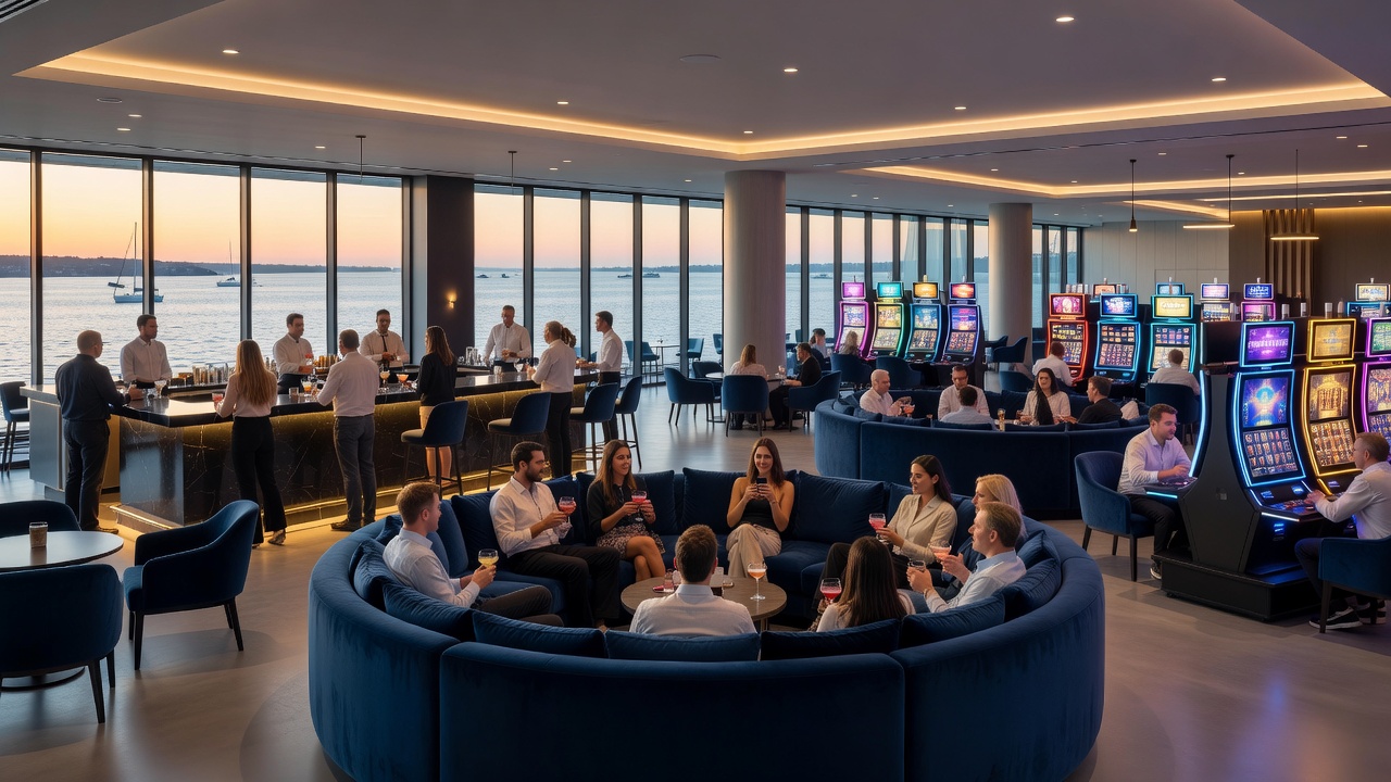 Patrons engaged in group conversations around a waterfront bar area in a casino lounge setting